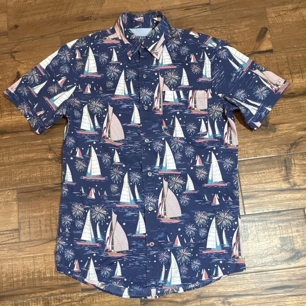 IZOD Men’s Nautical Sailboat Button-Up Shirt Short Sleeve Blue